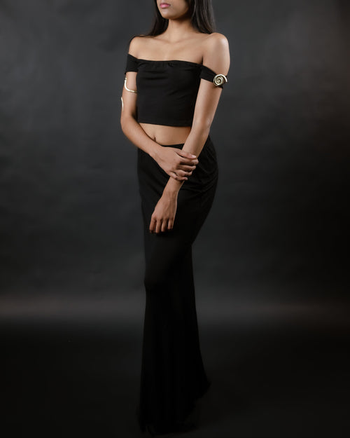 Black Asymmetric Seashell Shoulder Top & Skirt Set