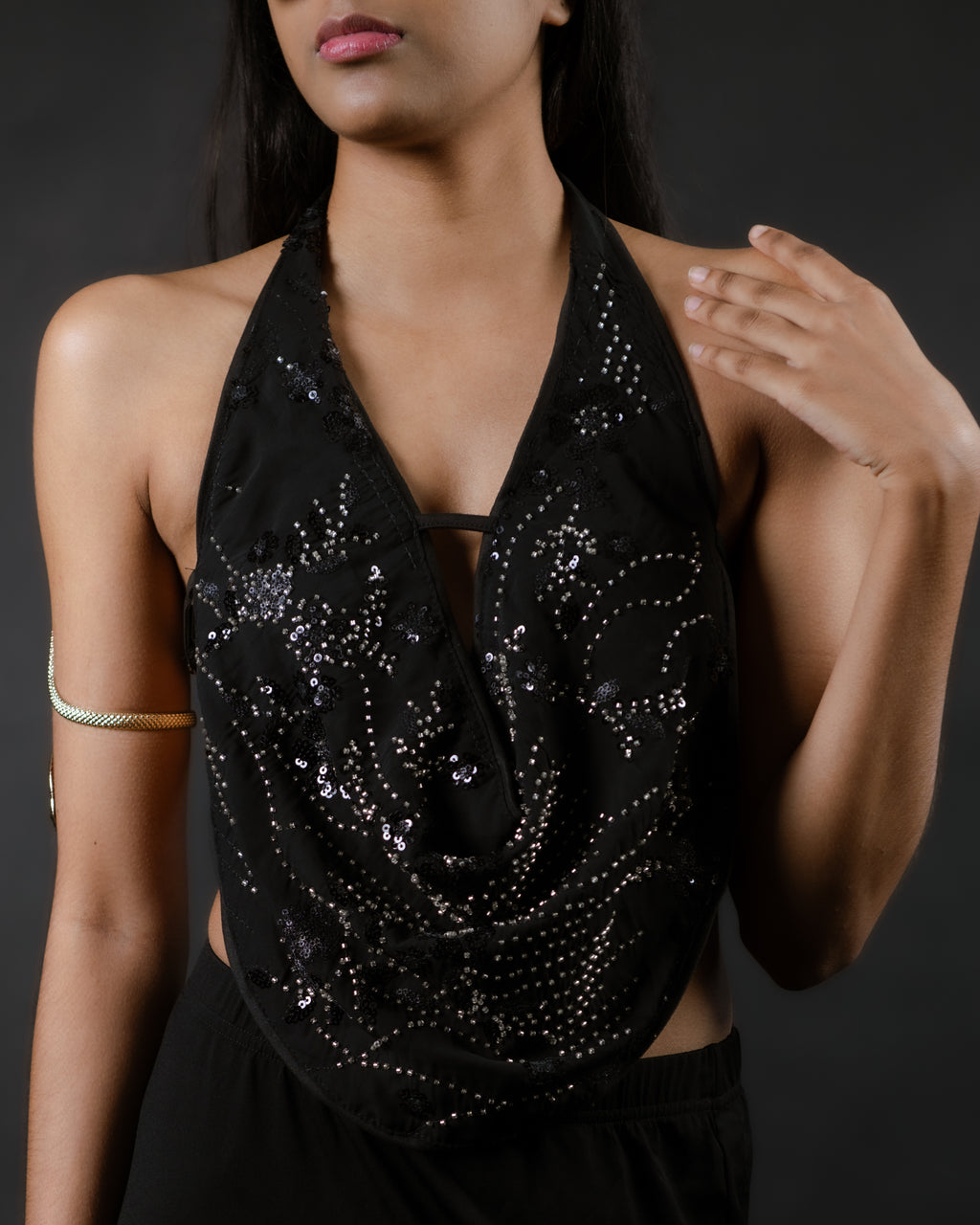 Black Rhinestone Drape Halter Top